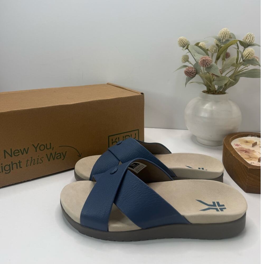 Kuru Breeze Leather Cross Strap Sandal Mineral Blue Women 10 Medium NWB